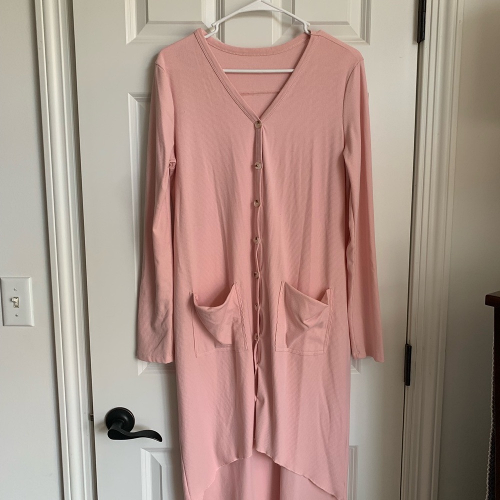Pink Ribbed Button-Up Cardigan with Pockets